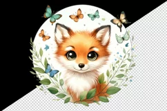 Watercolor cute little fox fluttering butterflies green leaves animal print 20 oz tumbler skinny mug wrap clipart t-shirt sublimation printable design