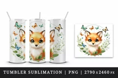 Watercolor cute little fox fluttering butterflies green leaves animal print 20 oz tumbler skinny mug wrap clipart t-shirt sublimation printable design