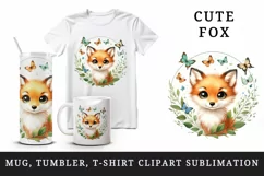 Watercolor cute little fox fluttering butterflies green leaves animal print 20 oz tumbler skinny mug wrap clipart t-shirt sublimation printable design