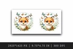 Watercolor cute little fox fluttering butterflies green leaves animal print 20 oz tumbler skinny mug wrap clipart t-shirt sublimation printable design