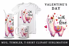 Watercolor cute llama heart wool pattern With Love Valentine Day quote print 20oz tumbler skinny mug wrap clipart t-shirt sublimation printable design