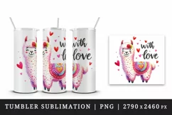 Watercolor cute llama heart wool pattern With Love Valentine Day quote print 20oz tumbler skinny mug wrap clipart t-shirt sublimation printable design