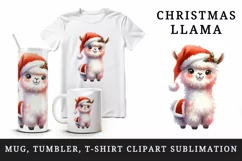 Watercolor cute llama Santa hat Christmas print 20 oz tumbler skinny mug wrap clipart t-shirt sublimation printable design