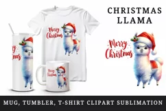 Watercolor cute llama Santa hat Merry Christmas quote print 20 oz tumbler skinny mug wrap clipart t-shirt sublimation printable design