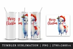 Watercolor cute llama Santa hat Merry Christmas quote print 20 oz tumbler skinny mug wrap clipart t-shirt sublimation printable design