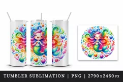 Watercolor cute mermaid dancing swirl of colorful seaweed plants print 20 oz tumbler skinny mug wrap clipart t-shirt sublimation printable design