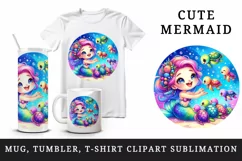 Watercolor cute mermaid feeding group of friendly colorful sea turtles print 20oz tumbler skinny mug wrap clipart t-shirt sublimation printable design