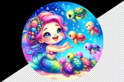 Watercolor cute mermaid feeding group of friendly colorful sea turtles print 20oz tumbler skinny mug wrap clipart t-shirt sublimation printable design