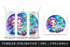 Watercolor cute mermaid feeding group of friendly colorful sea turtles print 20oz tumbler skinny mug wrap clipart t-shirt sublimation printable design