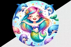 Watercolor cute mermaid group of playful dolphins leaping around her print 20 oz tumbler skinny mug wrap clipart t-shirt sublimation printable design
