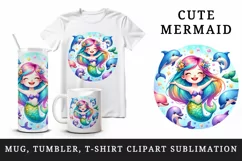 Watercolor cute mermaid group of playful dolphins leaping around her print 20 oz tumbler skinny mug wrap clipart t-shirt sublimation printable design