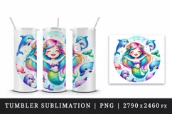 Watercolor cute mermaid group of playful dolphins leaping around her print 20 oz tumbler skinny mug wrap clipart t-shirt sublimation printable design