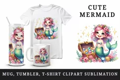 Watercolor cute mermaid holding treasure chest sparkling jewels print 20 oz tumbler skinny mug wrap clipart t-shirt sublimation printable design