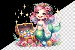Watercolor cute mermaid holding treasure chest sparkling jewels print 20 oz tumbler skinny mug wrap clipart t-shirt sublimation printable design