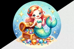 Watercolor cute mermaid holding treasure chest sparkling jewels print 20 oz tumbler skinny mug wrap clipart t-shirt sublimation printable design