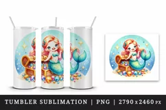 Watercolor cute mermaid holding treasure chest sparkling jewels print 20 oz tumbler skinny mug wrap clipart t-shirt sublimation printable design