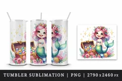 Watercolor cute mermaid holding treasure chest sparkling jewels print 20 oz tumbler skinny mug wrap clipart t-shirt sublimation printable design
