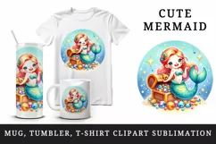 Watercolor cute mermaid holding treasure chest sparkling jewels print 20 oz tumbler skinny mug wrap clipart t-shirt sublimation printable design