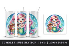 Watercolor cute mermaid holding treasure chest sparkling jewels print 20 oz tumbler skinny mug wrap clipart t-shirt sublimation printable design