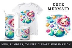 Watercolor cute mermaid infectious grin blowing bubbles colorful fish print 20 oz tumbler skinny mug wrap clipart t-shirt sublimation printable design