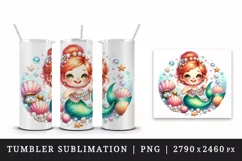 Watercolor cute mermaid necklace of shimmering pearls and seashells print 20 oz tumbler skinny mug wrap clipart t-shirt sublimation printable design