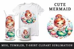 Watercolor cute mermaid necklace of shimmering pearls and seashells print 20 oz tumbler skinny mug wrap clipart t-shirt sublimation printable design
