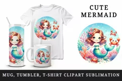 Watercolor cute mermaid playing peek-a-boo playful crabs coral reefs print 20 oz tumbler skinny mug wrap clipart t-shirt sublimation printable design