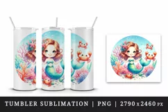Watercolor cute mermaid playing peek-a-boo playful crabs coral reefs print 20 oz tumbler skinny mug wrap clipart t-shirt sublimation printable design