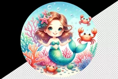 Watercolor cute mermaid playing peek-a-boo playful crabs coral reefs print 20 oz tumbler skinny mug wrap clipart t-shirt sublimation printable design