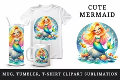 Watercolor cute mermaid sitting on rock and waving smile colorful fish print 20oz tumbler skinny mug wrap clipart t-shirt sublimation printable design