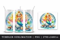 Watercolor cute mermaid sitting on rock and waving smile colorful fish print 20oz tumbler skinny mug wrap clipart t-shirt sublimation printable design