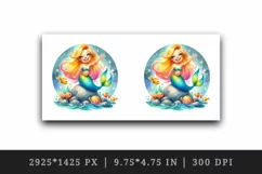 Watercolor cute mermaid sitting on rock and waving smile colorful fish print 20oz tumbler skinny mug wrap clipart t-shirt sublimation printable design