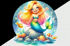 Watercolor cute mermaid sitting on rock and waving smile colorful fish print 20oz tumbler skinny mug wrap clipart t-shirt sublimation printable design