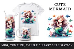 Watercolor cute mermaid sitting on rock combing her long hair fish print 20 oz tumbler skinny mug wrap clipart t-shirt sublimation printable design