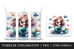 Watercolor cute mermaid sitting on rock combing her long hair fish print 20 oz tumbler skinny mug wrap clipart t-shirt sublimation printable design