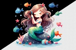 Watercolor cute mermaid sitting on rock combing her long hair fish print 20 oz tumbler skinny mug wrap clipart t-shirt sublimation printable design