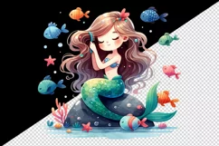 Watercolor cute mermaid sitting on rock combing her long hair fish print 20 oz tumbler skinny mug wrap clipart t-shirt sublimation printable design