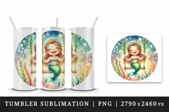 Watercolor cute mermaid sitting on swing made of seaweed smile print 20 oz tumbler skinny mug wrap clipart t-shirt sublimation printable design