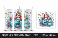 Watercolor cute mermaid sitting playful tiny fish clear blue water print 20 oz tumbler skinny mug wrap clipart t-shirt sublimation printable design