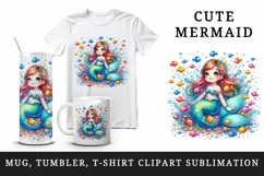 Watercolor cute mermaid sitting playful tiny fish clear blue water print 20 oz tumbler skinny mug wrap clipart t-shirt sublimation printable design