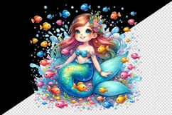 Watercolor cute mermaid sitting playful tiny fish clear blue water print 20 oz tumbler skinny mug wrap clipart t-shirt sublimation printable design