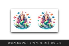 Watercolor cute mermaid sitting rock combing long hair colorful fish print 20 oz tumbler skinny mug wrap clipart t-shirt sublimation printable design