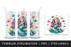 Watercolor cute mermaid sitting rock combing long hair colorful fish print 20 oz tumbler skinny mug wrap clipart t-shirt sublimation printable design