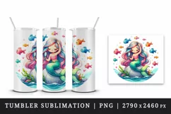 Watercolor cute mermaid sitting rock combing long hair colorful fish print 20 oz tumbler skinny mug wrap clipart t-shirt sublimation printable design