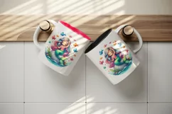 Watercolor cute mermaid sitting rock combing long hair colorful fish print 20 oz tumbler skinny mug wrap clipart t-shirt sublimation printable design