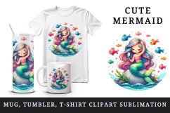 Watercolor cute mermaid sitting rock combing long hair colorful fish print 20 oz tumbler skinny mug wrap clipart t-shirt sublimation printable design