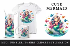 Watercolor cute mermaid sitting rock combing long hair colorful fish print 20 oz tumbler skinny mug wrap clipart t-shirt sublimation printable design