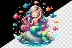 Watercolor cute mermaid sitting rock combing long hair colorful fish print 20 oz tumbler skinny mug wrap clipart t-shirt sublimation printable design