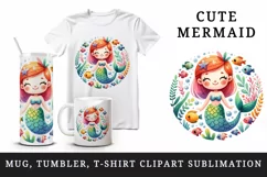 Watercolor cute mermaid smile colorful fish underwater plants print 20 oz tumbler skinny mug wrap clipart t-shirt sublimation printable design