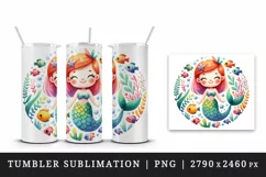 Watercolor cute mermaid smile colorful fish underwater plants print 20 oz tumbler skinny mug wrap clipart t-shirt sublimation printable design